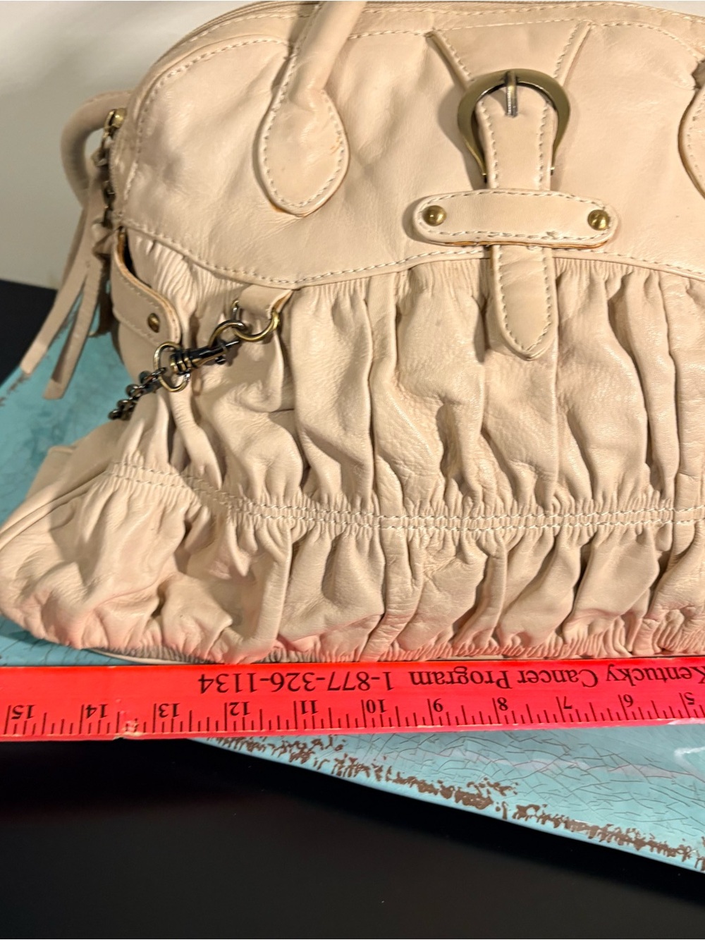 Michael Rome Cream Ruched Leather Shoulder Bag - Picture 2 of 10